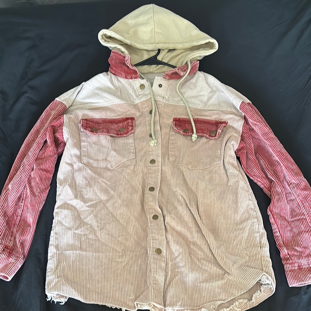Red and Cream Hooded Corduroy Jacket
